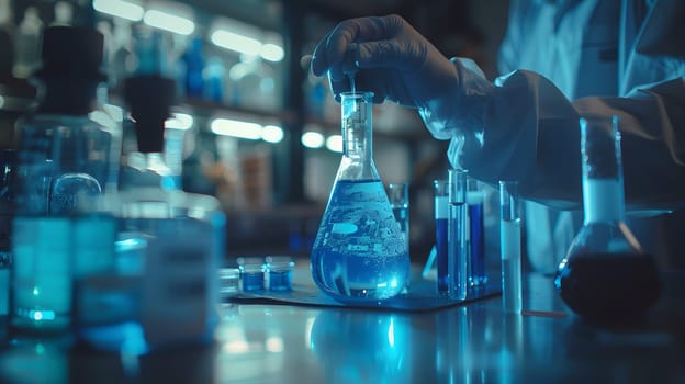 Scientist must always wear protective equipment such as gloves or gown in the laboratory with a light background. Ideal for concepts related to medical research or safety in chemical laboratory work.
