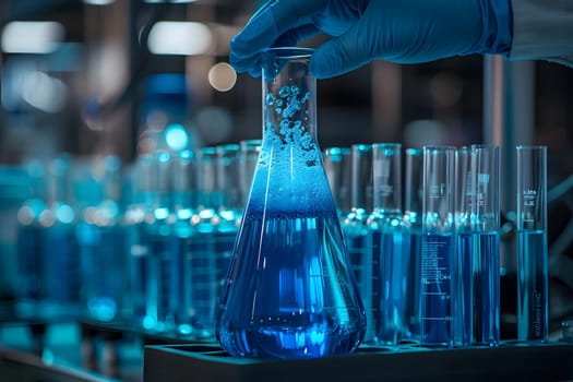 Scientist must always wear protective equipment such as gloves or gown in the laboratory with a light background. Ideal for concepts related to medical research or safety in chemical laboratory work.