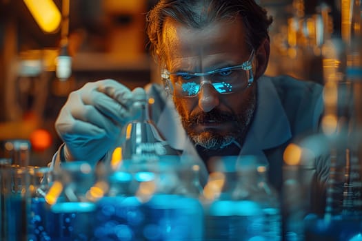 Scientist must always wear protective equipment such as gloves or gown in the laboratory with a light background. Ideal for concepts related to medical research or safety in chemical laboratory work.