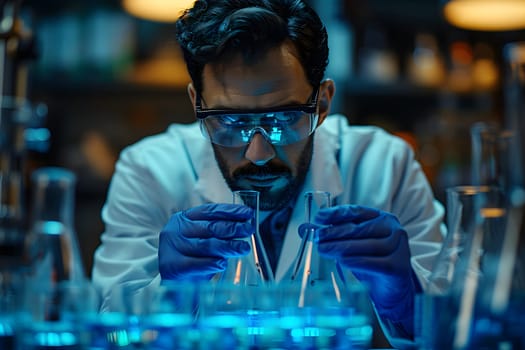 Scientist must always wear protective equipment such as gloves or gown in the laboratory with a light background. Ideal for concepts related to medical research or safety in chemical laboratory work.