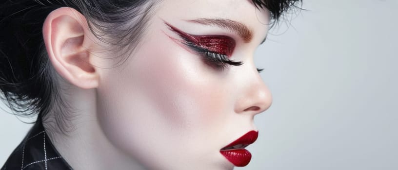 Portrait with elegant red makeup. Created using AI generated technology and image editing software.