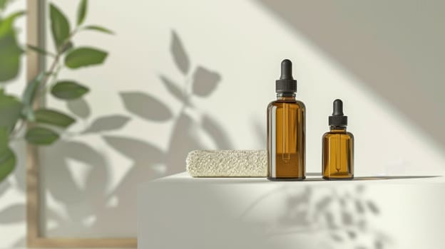 Essential oils with plant shadows in natural light. Created using AI generated technology and image editing software.