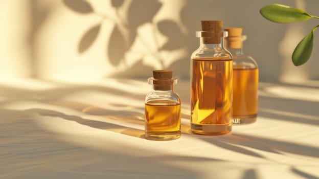 Essential oil bottles illuminated by natural light. Created using AI generated technology and image editing software.