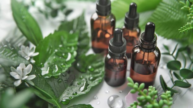 Essential oil bottles. Natural elements in skin care. Created using AI generated technology and image editing software.
