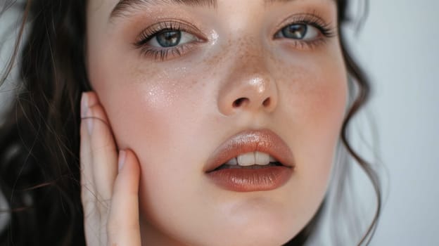 Portrait of a young woman with natural makeup. Created using AI generated technology and image editing software.