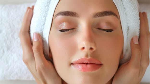 Relaxed beauty facial portrait. Created using AI generated technology and image editing software.