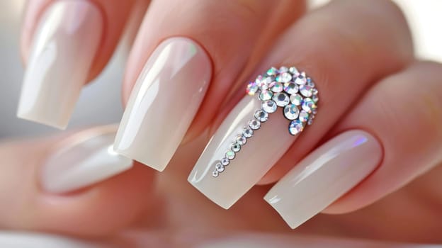 Pale pink nailed hand with rhinestone accent. Created using AI generated technology and image editing software.