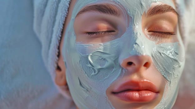 Relaxing facial mask portrait in soft focus. Created using AI generated technology and image editing software.