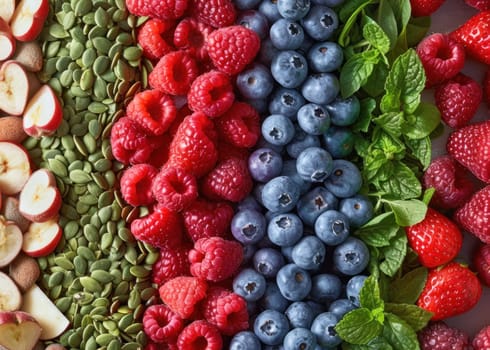 Close up of fresh berries and superfoods. Created using AI generated technology and image editing software.