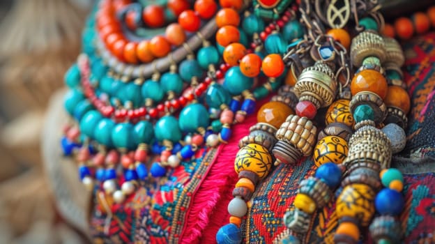 Detail of ethnic beaded accessories. Created using AI generated technology and image editing software.