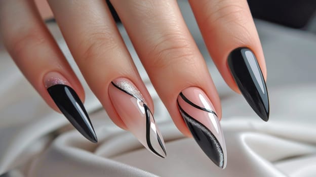Sophisticated pink and black nail art design. Created using AI generated technology and image editing software.