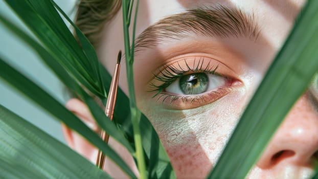 Portrait of a make up eye amidst green botanicals. Created using AI generated technology and image editing software.