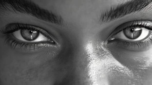 Gaze in close up monochrome. Created using AI generated technology and image editing software.