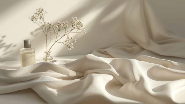 Elegant silk fabric adorned with the scent of spring. Created using AI generated technology and image editing software.