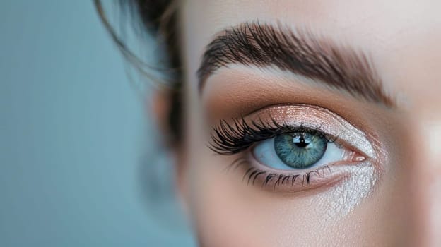 Closeup of make up on a blue eye. Created using AI generated technology and image editing software.