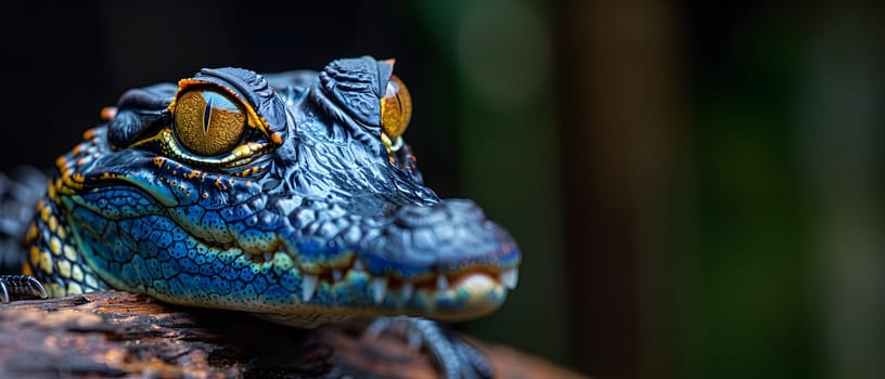 Colorful macro illustration of a small crocodile-like reptile with striking bright eyes perched on a piece of wood. There is space for entering text. It can attract the attention of readers very well.