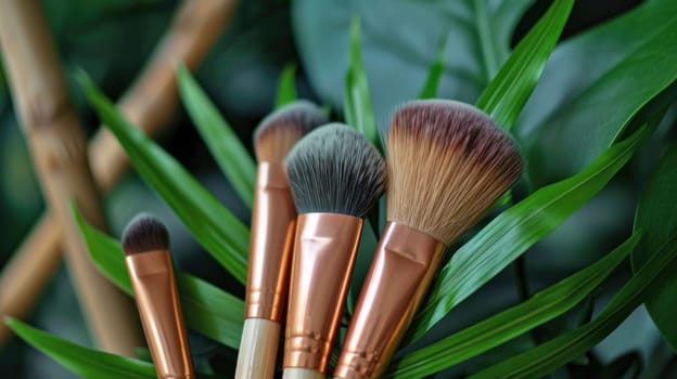 Elegant makeup brushes with a botanical background. Created using AI generated technology and image editing software.