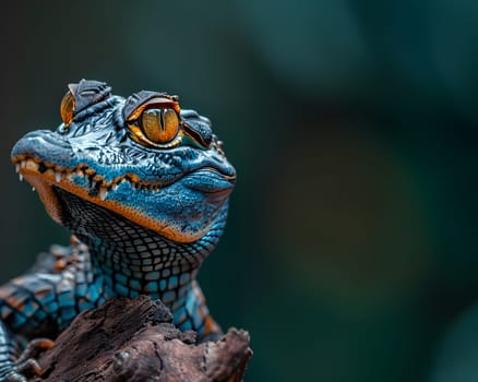 Colorful macro illustration of a small crocodile-like reptile with striking bright eyes perched on a piece of wood. There is space for entering text. It can attract the attention of readers very well.