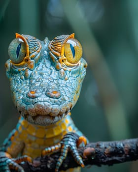 Colorful macro illustration of a small crocodile-like reptile with striking bright eyes perched on a piece of wood. There is space for entering text. It can attract the attention of readers very well.