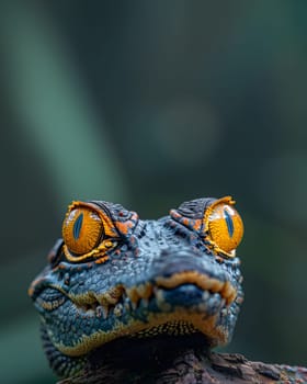 Colorful macro illustration of a small crocodile-like reptile with striking bright eyes perched on a piece of wood. There is space for entering text. It can attract the attention of readers very well.
