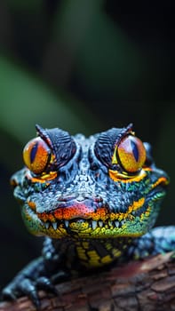 Colorful macro illustration of a small crocodile-like reptile with striking bright eyes perched on a piece of wood. There is space for entering text. It can attract the attention of readers very well.