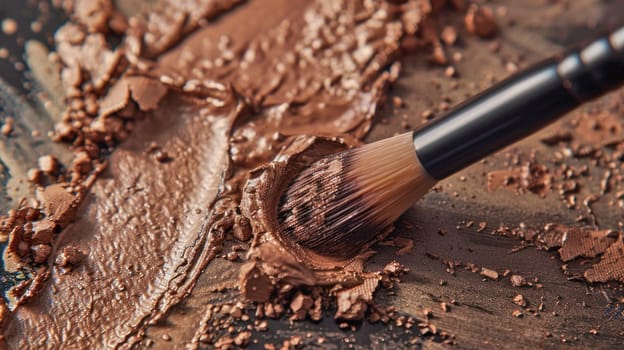 Makeup brush with creamy foundation texture. Created using AI generated technology and image editing software.