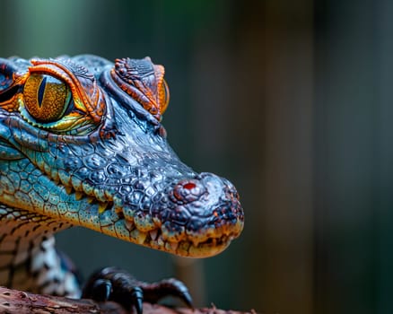 Colorful macro illustration of a small crocodile-like reptile with striking bright eyes perched on a piece of wood. There is space for entering text. It can attract the attention of readers very well.