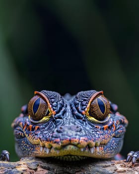 Colorful macro illustration of a small crocodile-like reptile with striking bright eyes perched on a piece of wood. There is space for entering text. It can attract the attention of readers very well.