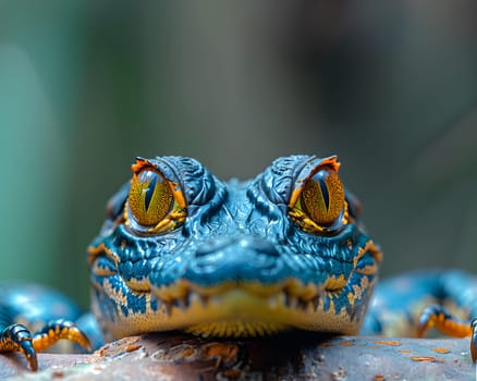 Colorful macro illustration of a small crocodile-like reptile with striking bright eyes perched on a piece of wood. There is space for entering text. It can attract the attention of readers very well.