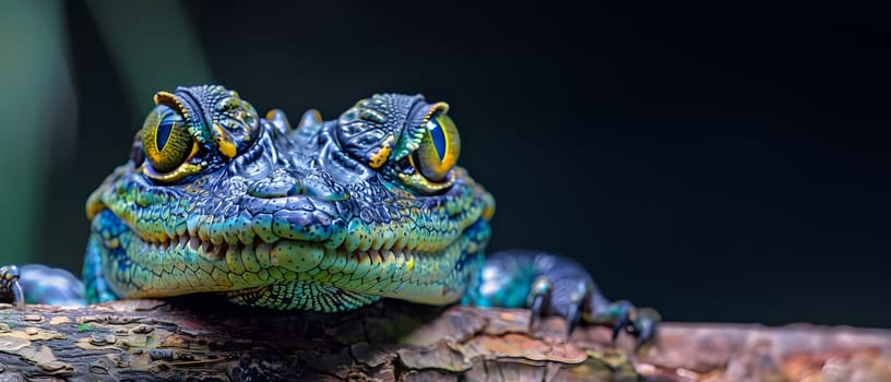 Colorful macro illustration of a small crocodile-like reptile with striking bright eyes perched on a piece of wood. There is space for entering text. It can attract the attention of readers very well.
