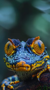 Colorful macro illustration of a small crocodile-like reptile with striking bright eyes perched on a piece of wood. There is space for entering text. It can attract the attention of readers very well.