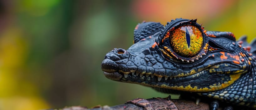 Colorful macro illustration of a small crocodile-like reptile with striking bright eyes perched on a piece of wood. There is space for entering text. It can attract the attention of readers very well.