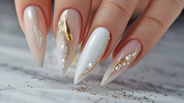 Elegant gold and pearl nail art design. Created using AI generated technology and image editing software.