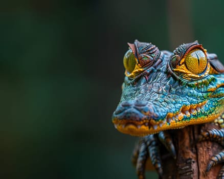Colorful macro illustration of a small crocodile-like reptile with striking bright eyes perched on a piece of wood. There is space for entering text. It can attract the attention of readers very well.