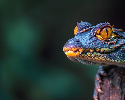 Colorful macro illustration of a small crocodile-like reptile with striking bright eyes perched on a piece of wood. There is space for entering text. It can attract the attention of readers very well.