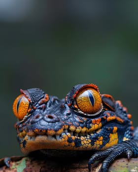 Colorful macro illustration of a small crocodile-like reptile with striking bright eyes perched on a piece of wood. There is space for entering text. It can attract the attention of readers very well.
