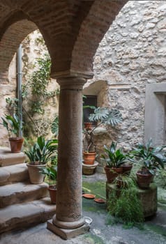 P. de Acim, Spain - Jan 21st, 2024: Old cloister of El Palancar Convent, Pedroso de Acim, Caceres, Spain