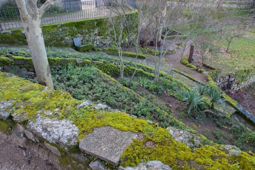 P. de Acim, Spain - Jan 21st, 2024: Exterior gardens of El Palancar Convent, Pedroso de Acim, Caceres, Spain