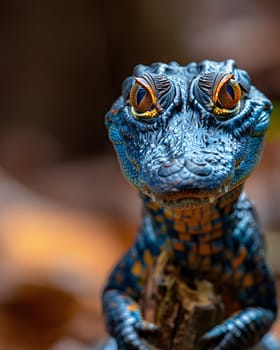 Colorful macro illustration of a small crocodile-like reptile with striking bright eyes perched on a piece of wood. There is space for entering text. It can attract the attention of readers very well.
