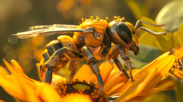 An artificial bee replacing real bees in the process of gathering precious pollen from a yellow flowers. AI generated