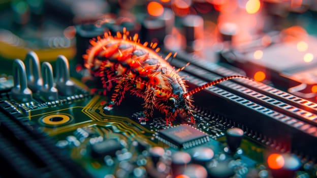 Close up of a caterpillar crawl on a computer hardware. Computer virus attack. AI generated