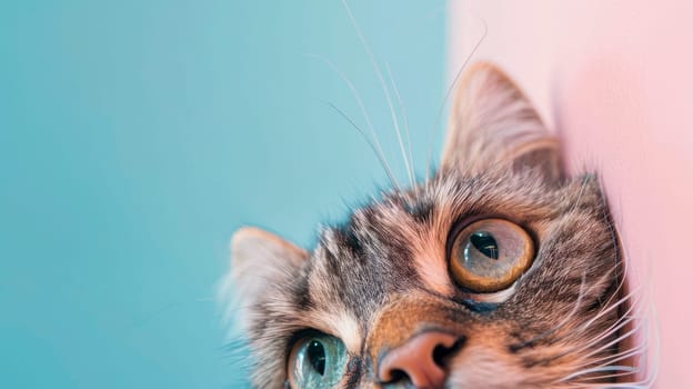 Closeup of a sweet kitten looking from below. AI generated