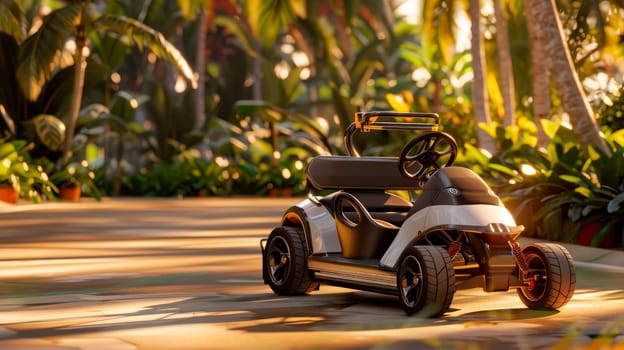 Cute electric golf cart in the middle of tropical park. AI generated