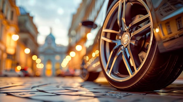 Close-up of an alloy wheel on a car parked on a paved street, with oldtown buildings softly blurred in the background. AI generated