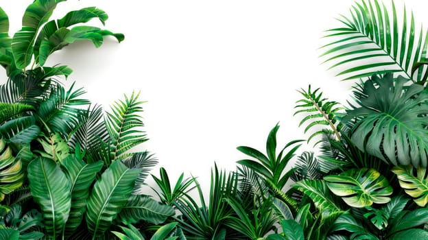 Tropical leaves foliage plant bush floral arrangement nature backdrop on white background. AI generated