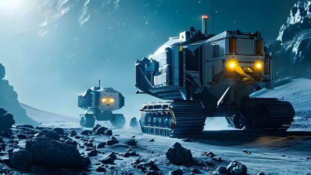 asteroid mining operation visualization of spacecraft robots extracting resources