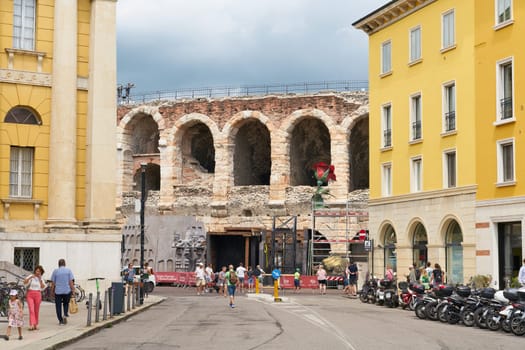 Side view of the Roman arena in Verona, Italy, now used as an event venue