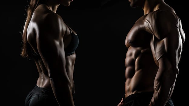 An impressive display of strength and athleticism as the torsos of a muscular woman and man are showcased against a sleek black background. This dynamic composition serves as an ideal layout concept for gym promotions, fitness training programs, or any health-related marketing materials, inspiring individuals to embark on their fitness journey.