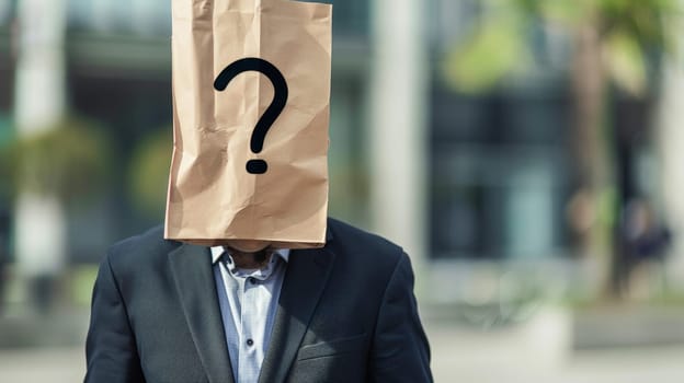 In this thought-provoking image, a businessman is depicted wearing a paper bag over his head, adorned with a prominent question mark. Symbolizing uncertainty and the search for identity, this conceptual photo challenges viewers to contemplate themes of self-discovery and introspection.
