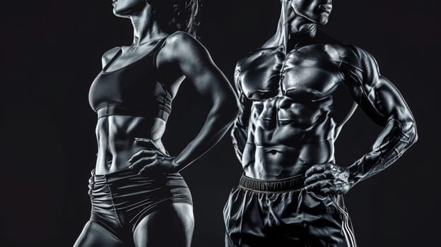 An impressive display of strength and athleticism as the torsos of a muscular woman and man are showcased against a sleek black background. This dynamic composition serves as an ideal layout concept for gym promotions, fitness training programs, or any health-related marketing materials, inspiring individuals to embark on their fitness journey.